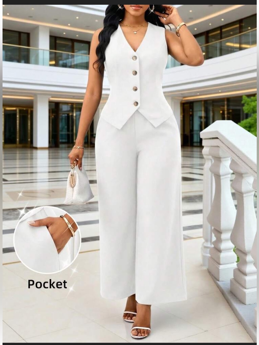 SHEIN White Sleeveless Wide-Leg Jumpsuit with Vest Buttons